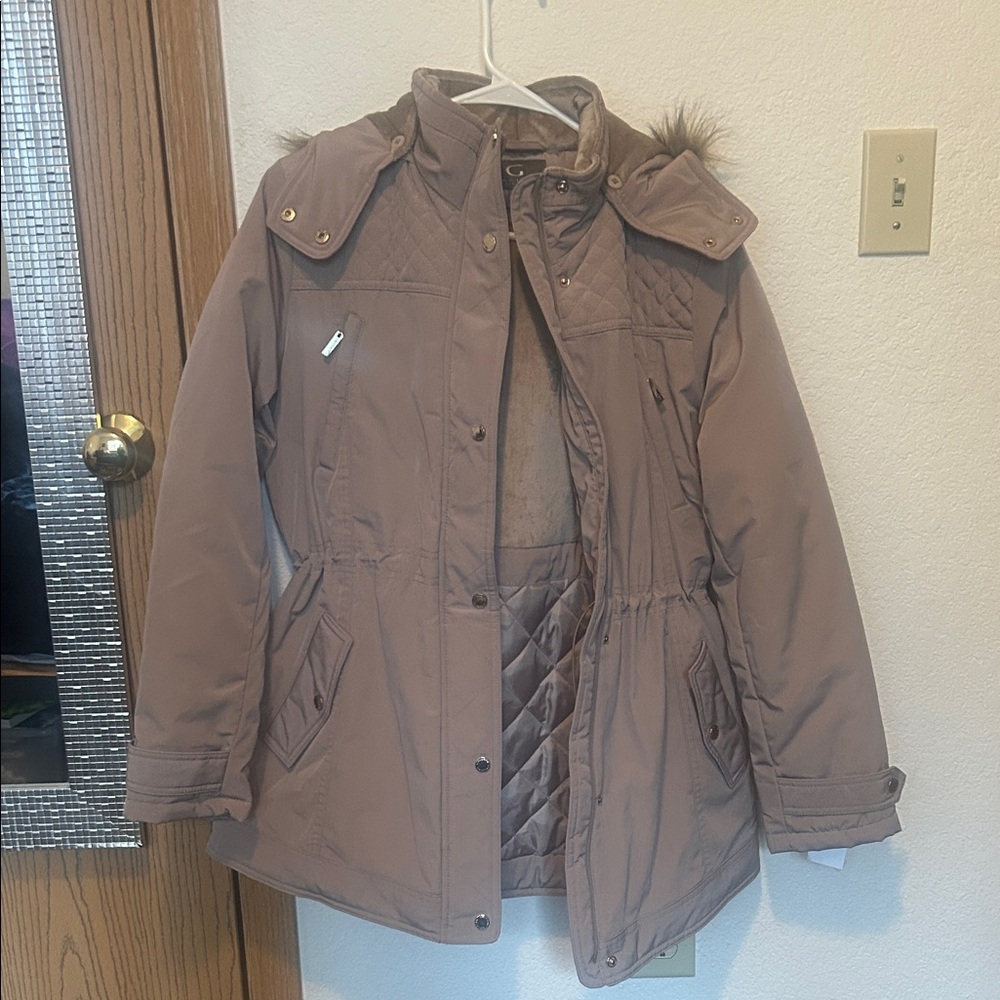 NWOT Gallery Tan Quilted Faux Fur Hooded Winter Coat